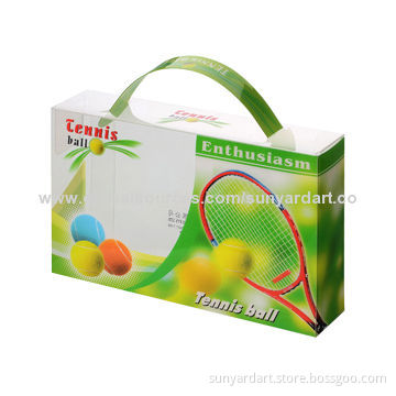 Clear plastic box with handle and soft crease, in offset printing